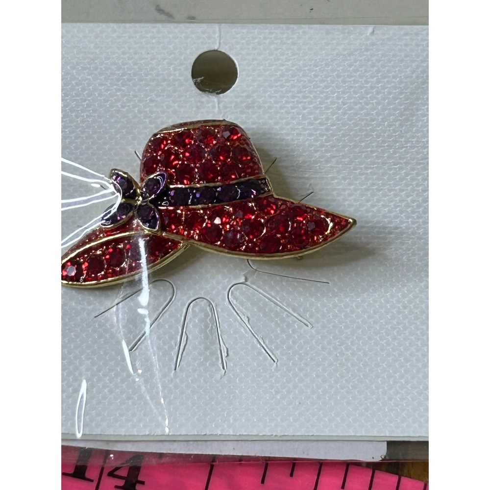 Sparkling Red‎ Hat Crystal Pin Brooch with Purple Flower Accent